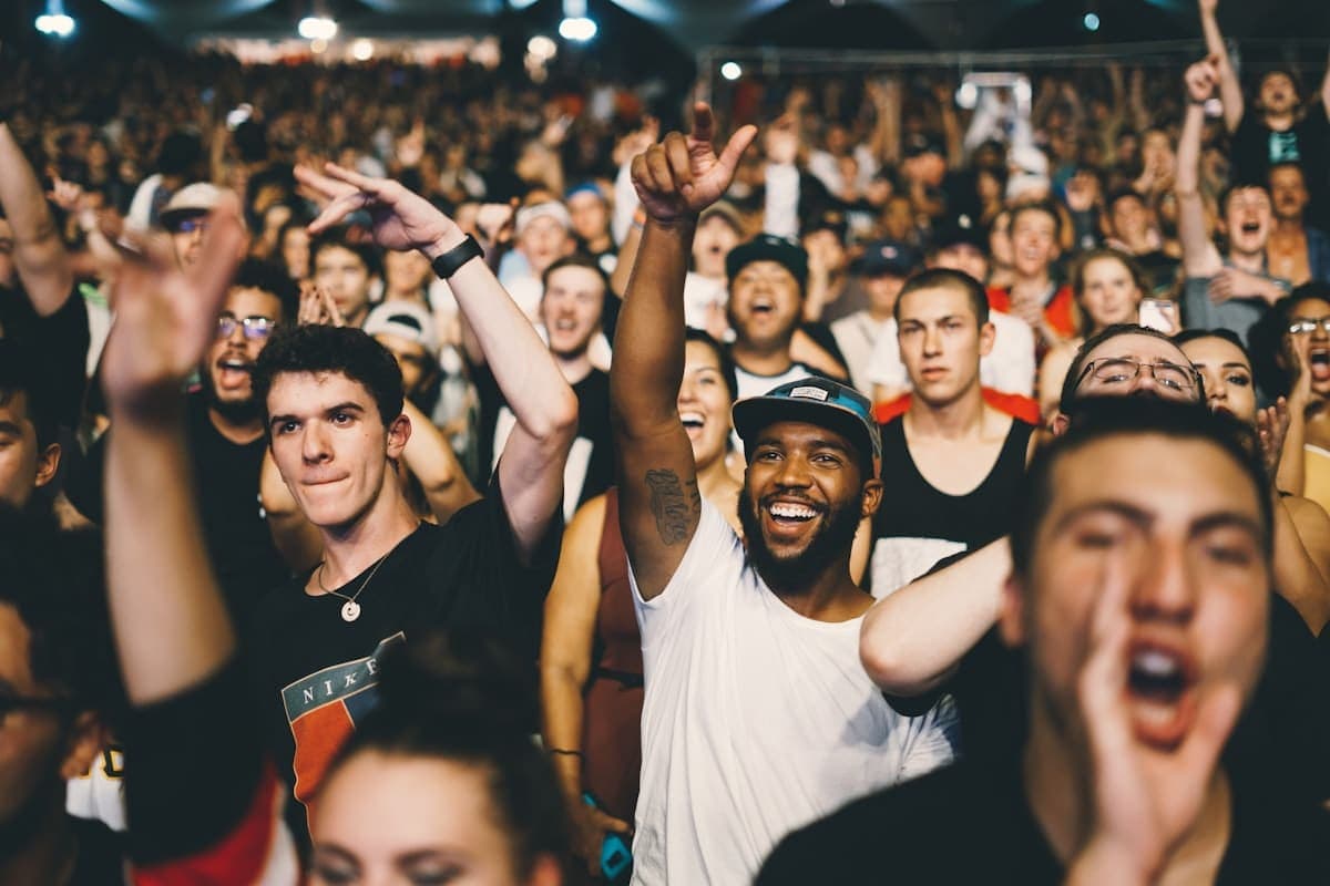 A cheering crowd with hands in the air